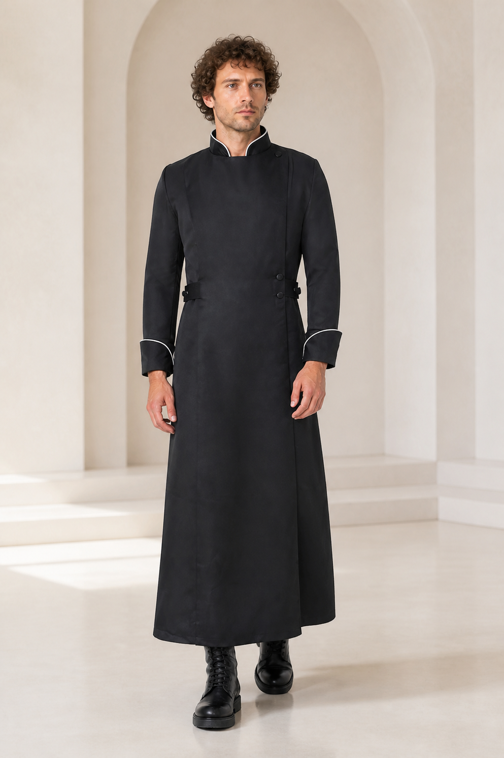 Long Black Robe with Stand Collar and White Trim product detail