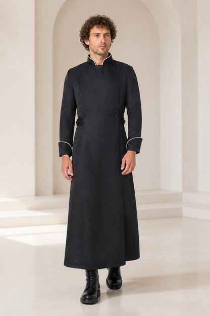 Long Black Robe with Stand Collar and White Trim product detail