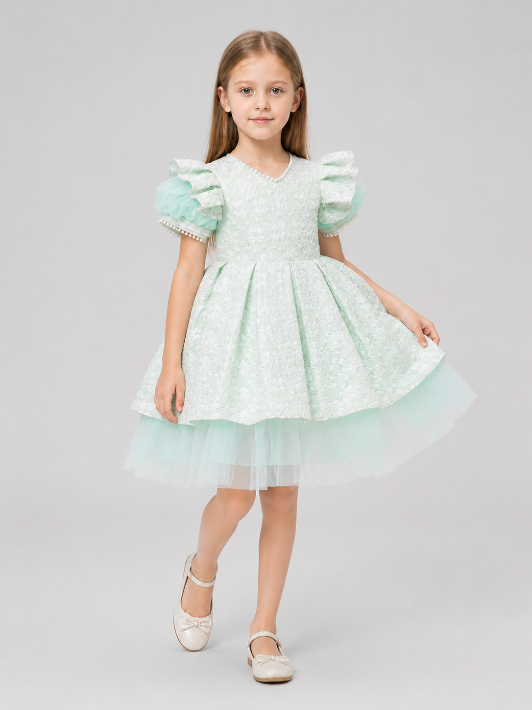 Girls’ Mint Princess Dress with Lace and Tulle product detail 2