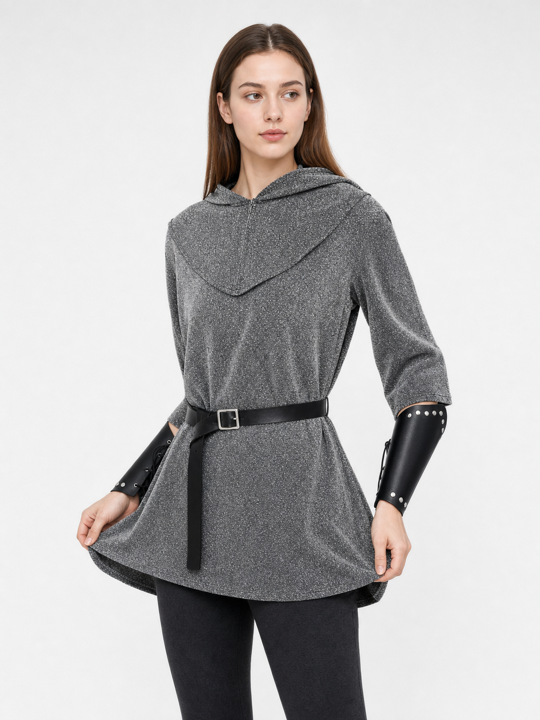 The set is designed in a medieval style and is suitable for creating a cosplay or stage-performance look. It includes a gray long top with a hood, a headpiece in the form of a gray hood, black bracers, and a black belt with a square buckle 