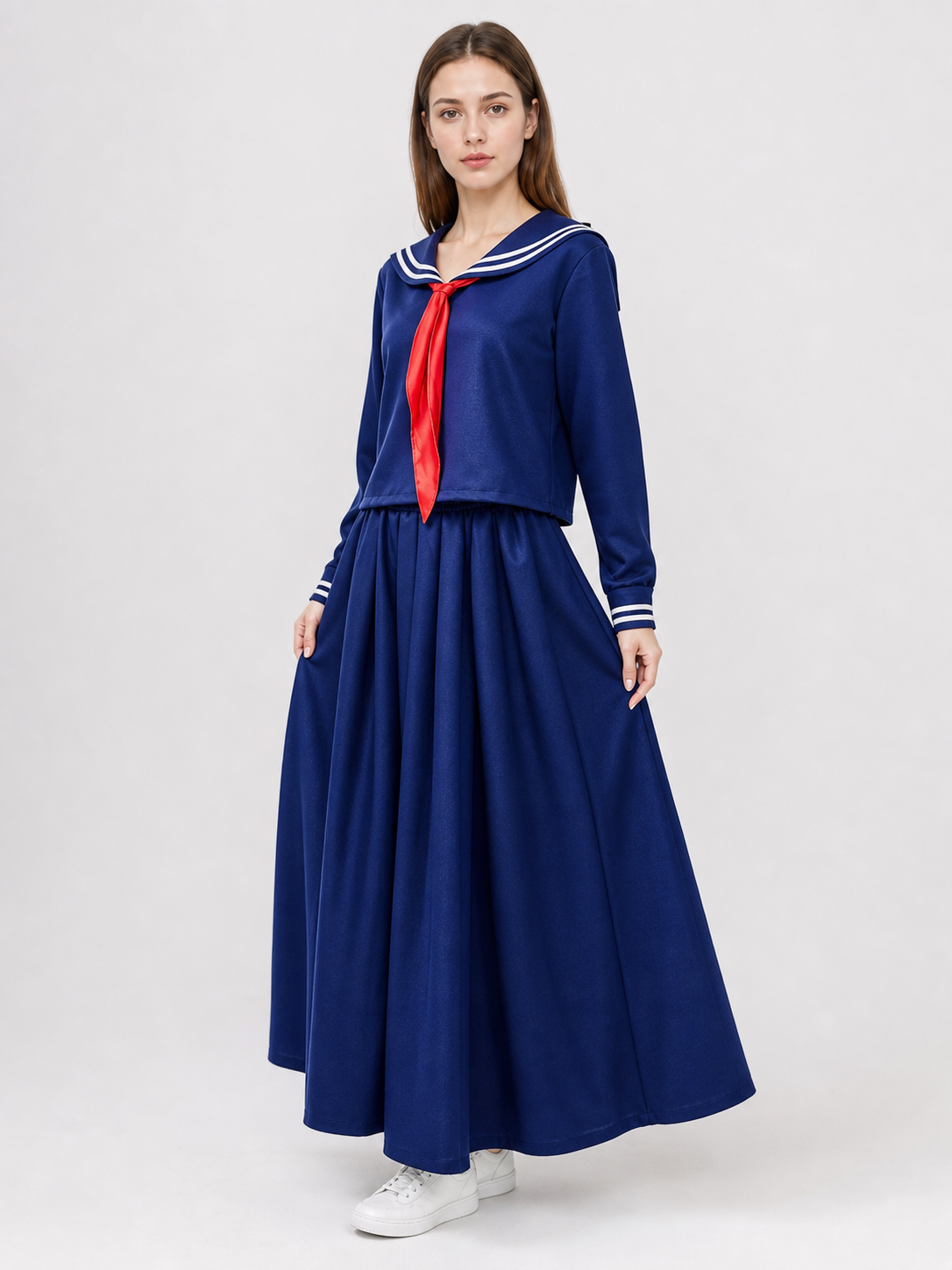 Sailor-style costume with a long pleated skirt