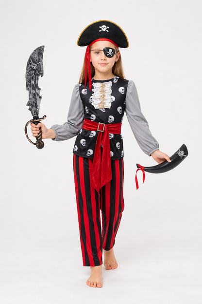 Pirate Costume with Skull, Hat, and Stripes Costume Headwear detail 2