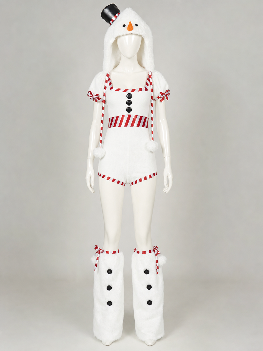 The Christmas Snowman costume is designed as a white snow character and includes a one-piece body with short sleeves and shorts, a white pointed hat, and white high leg gaiters. The design uses white, red, black, and orange colors. A red-an