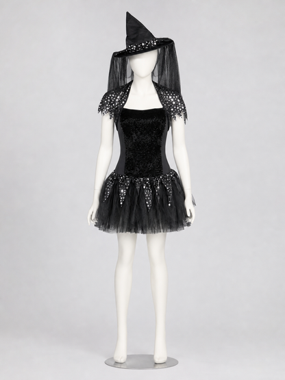 Witch Costume with Pointed Hat and Veil