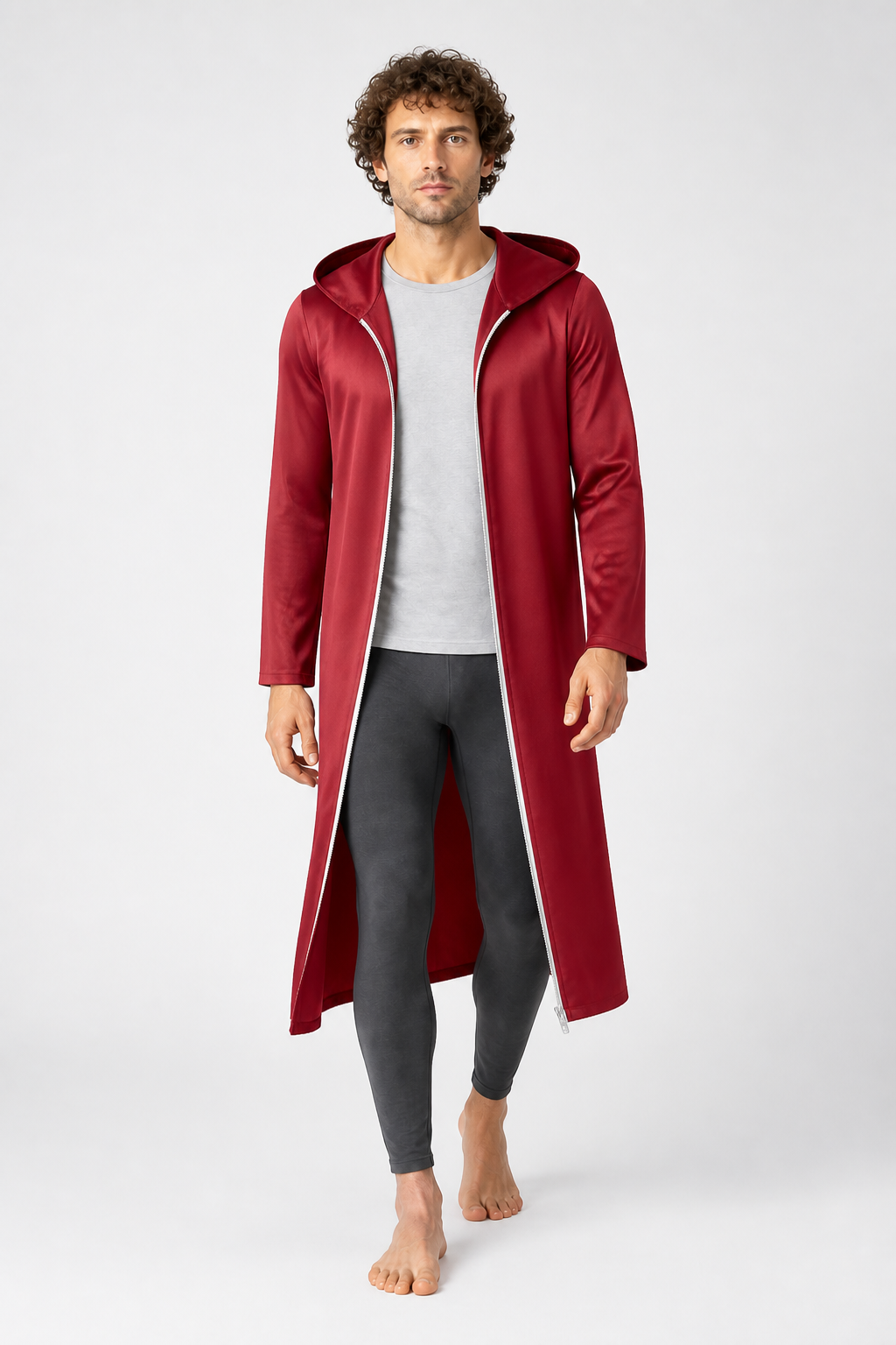 Dark Red Hooded Zip-Up Coat product detail