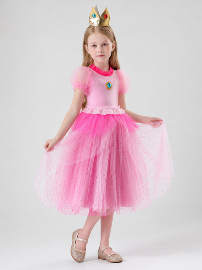 A bright pink Princess Peach costume created for transforming into a fairytale
