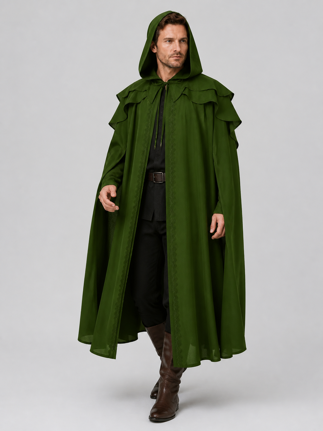 Dark Green Medieval Hooded Cloak for Halloween Costume Capes detail