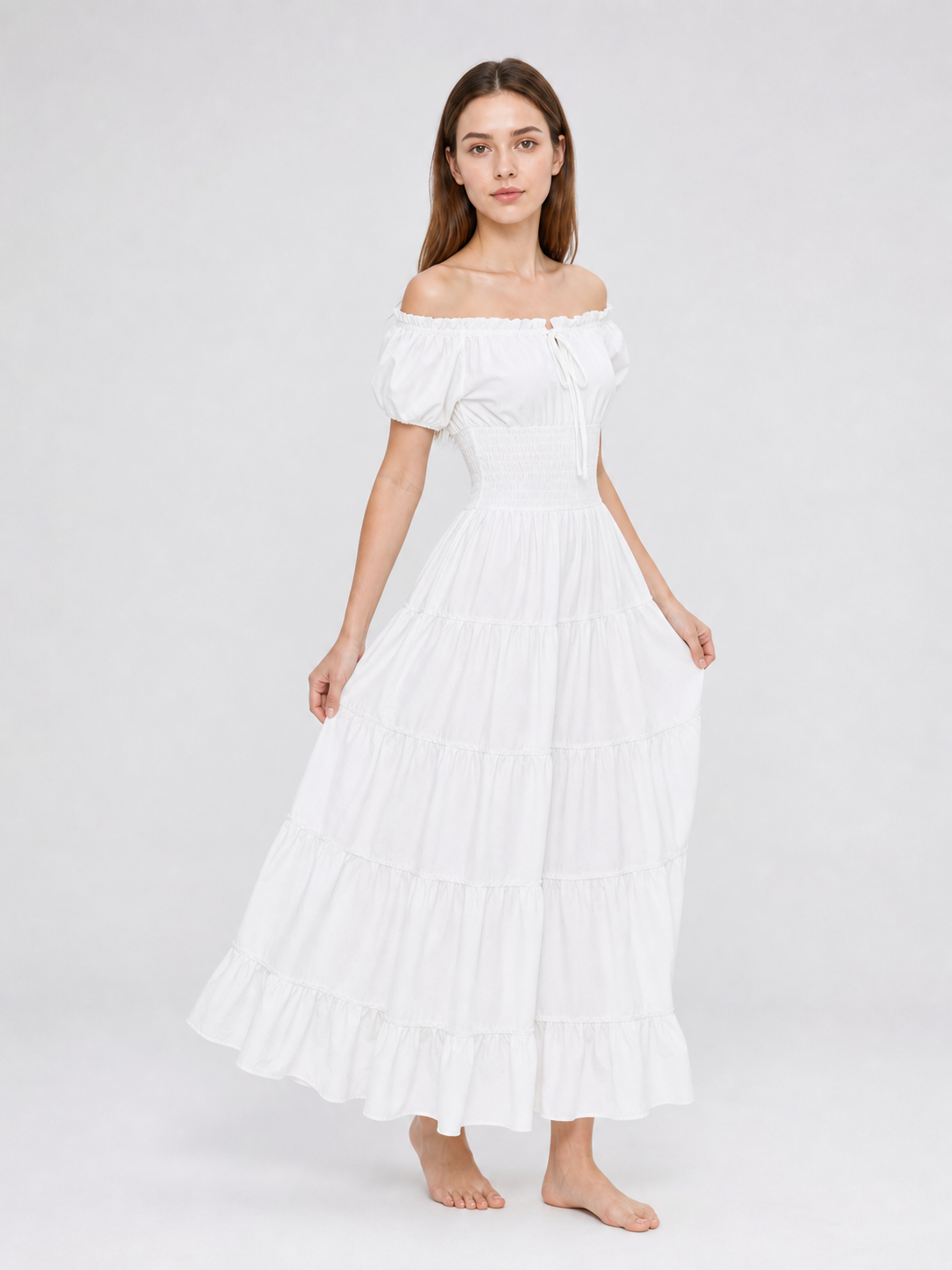 White Off-the-Shoulder Dress with Tiered Skirt