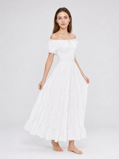 White Off-the-Shoulder Dress with Tiered Skirt