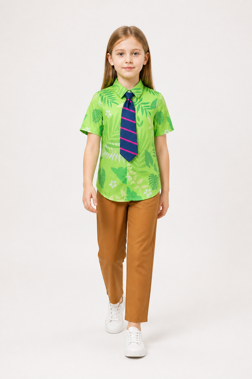 Nick the Fox costume with a green shirt, trousers, and tie Costumes detail