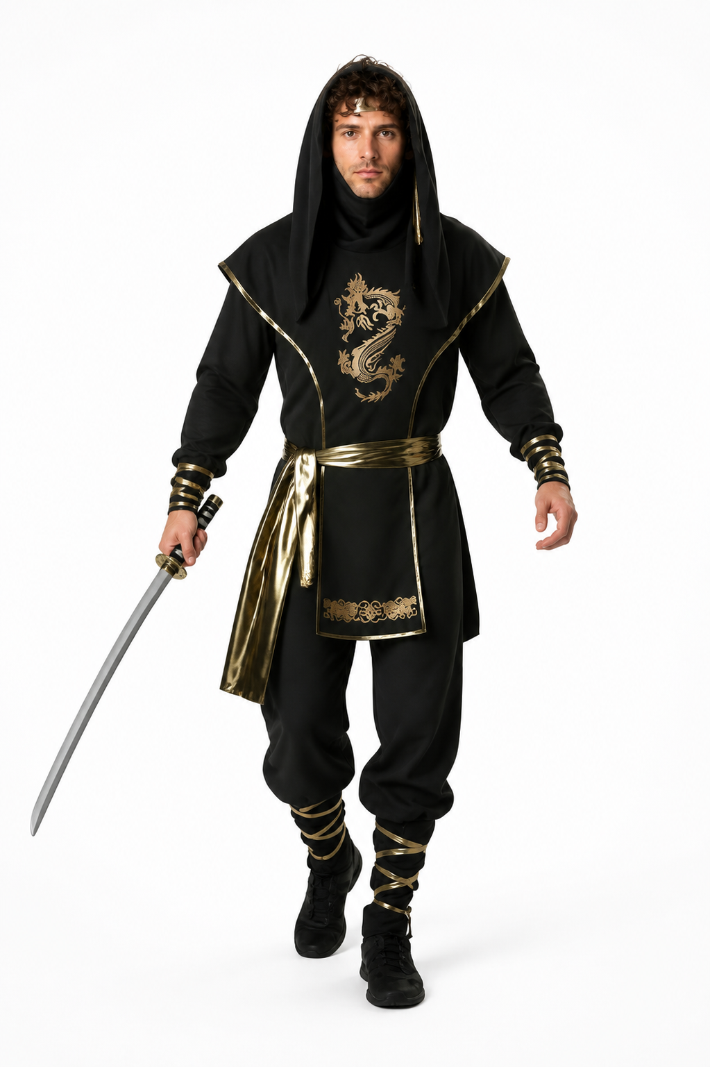 Black Ninja Costume with a Golden Dragon and Hood Costumes detail 2