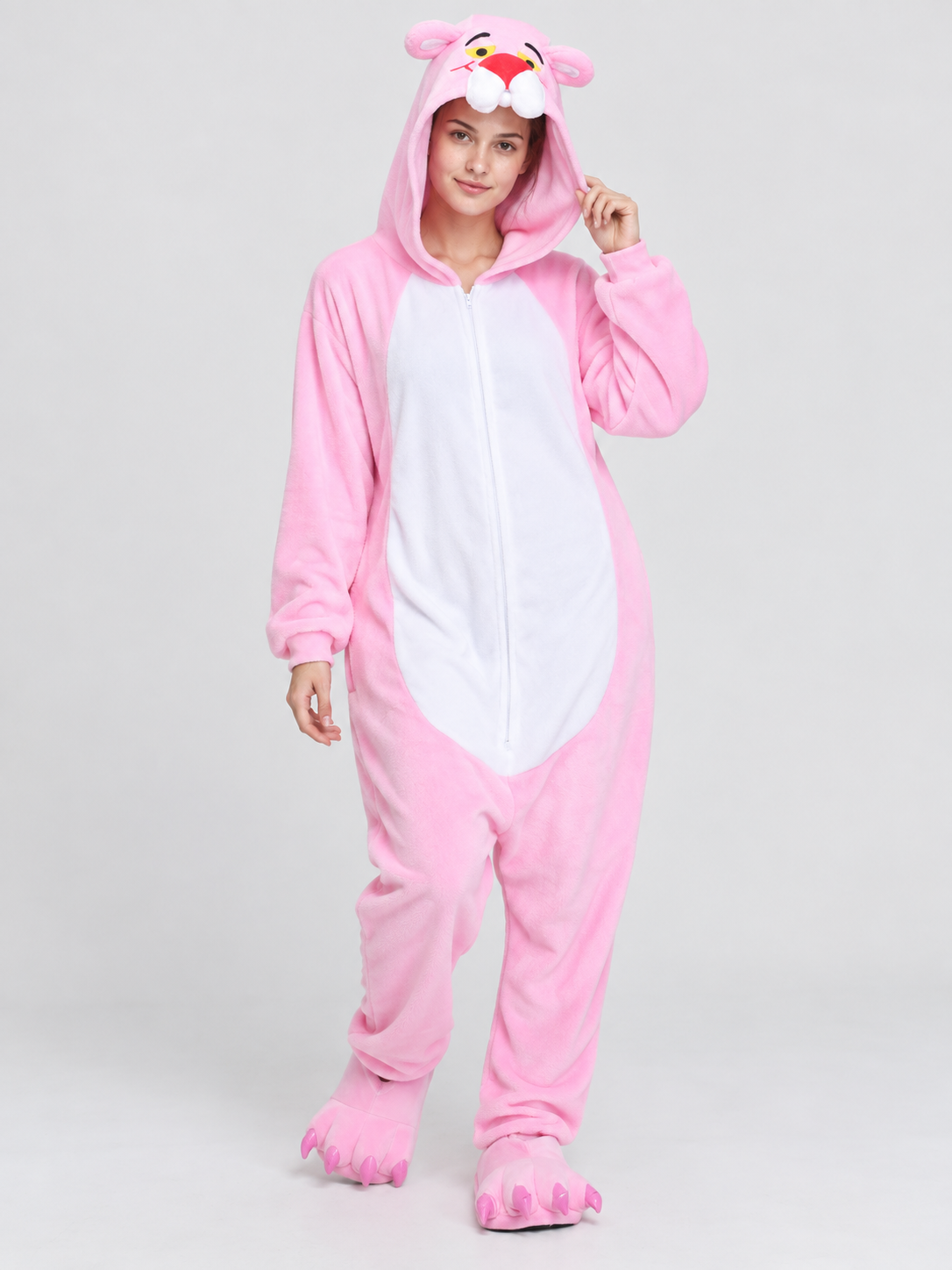 Pink Fleece Hooded Pajama Jumpsuit with Ears