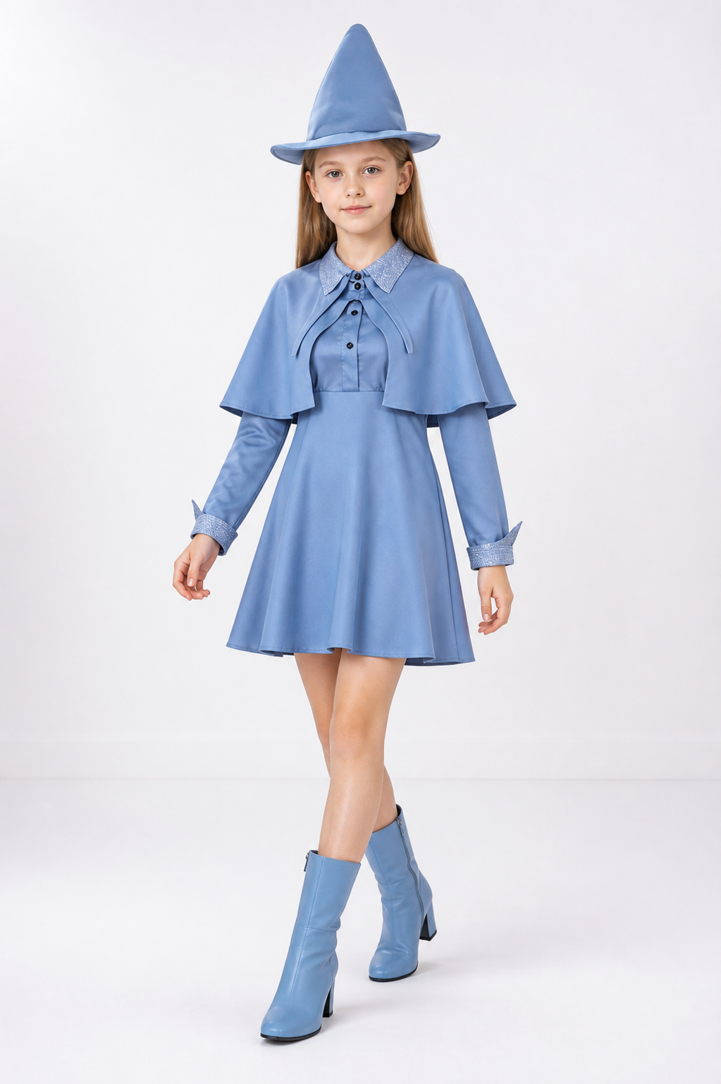 Blue witch costume dress and cape, walking pose
