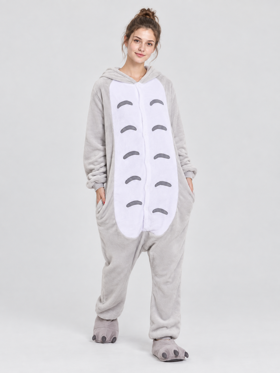 Gray and White Flannel Hooded Pajama Jumpsuit