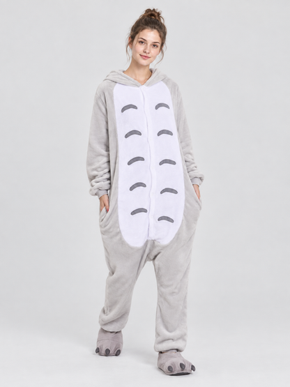 Gray and White Flannel Hooded Pajama Jumpsuit