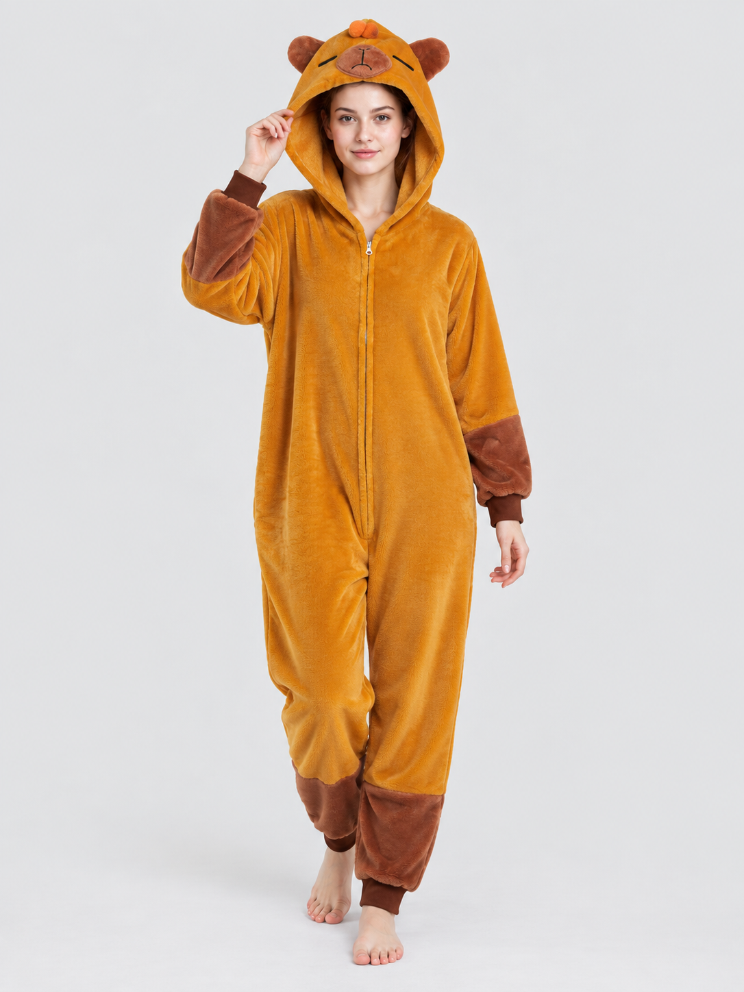 Hooded Pajama Jumpsuit with Ears, Golden Orange