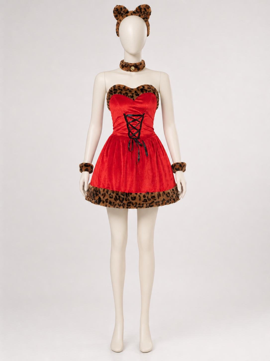 Cosplay costume dress with leopard-print trim