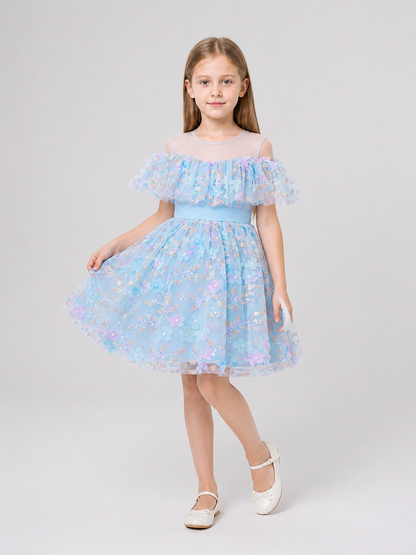 Blue Princess Dress with Flowers and a Full Skirt