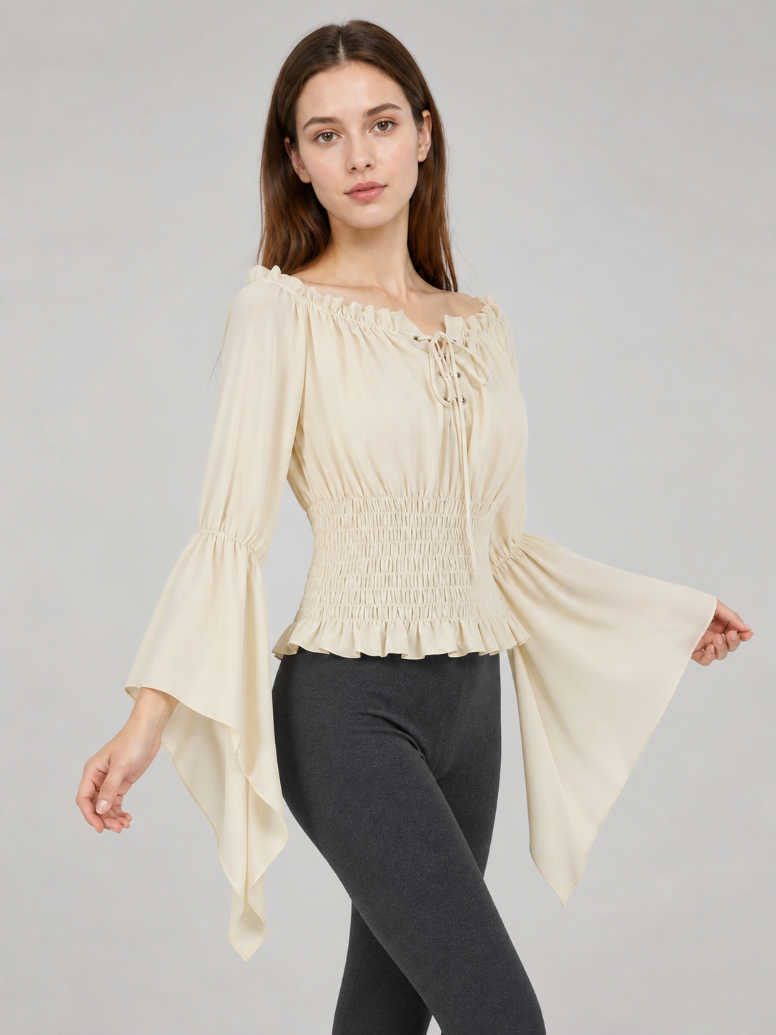 Off-the-Shoulder Lace-Up Blouse, Beige