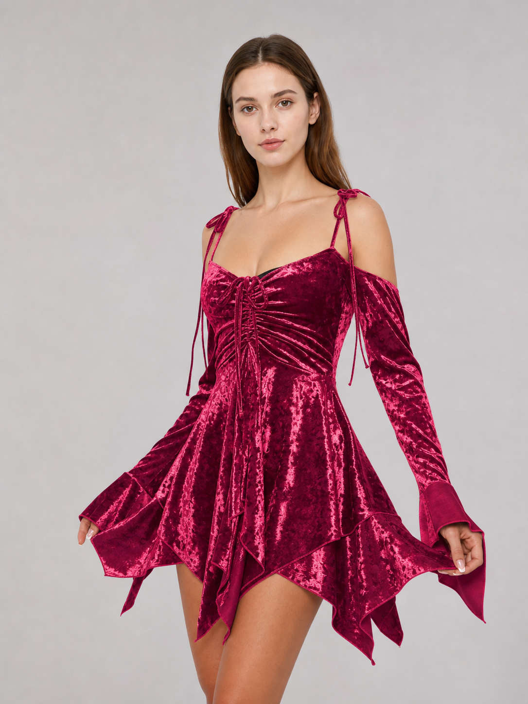Velvet Mini Dress with an Asymmetrical Hem