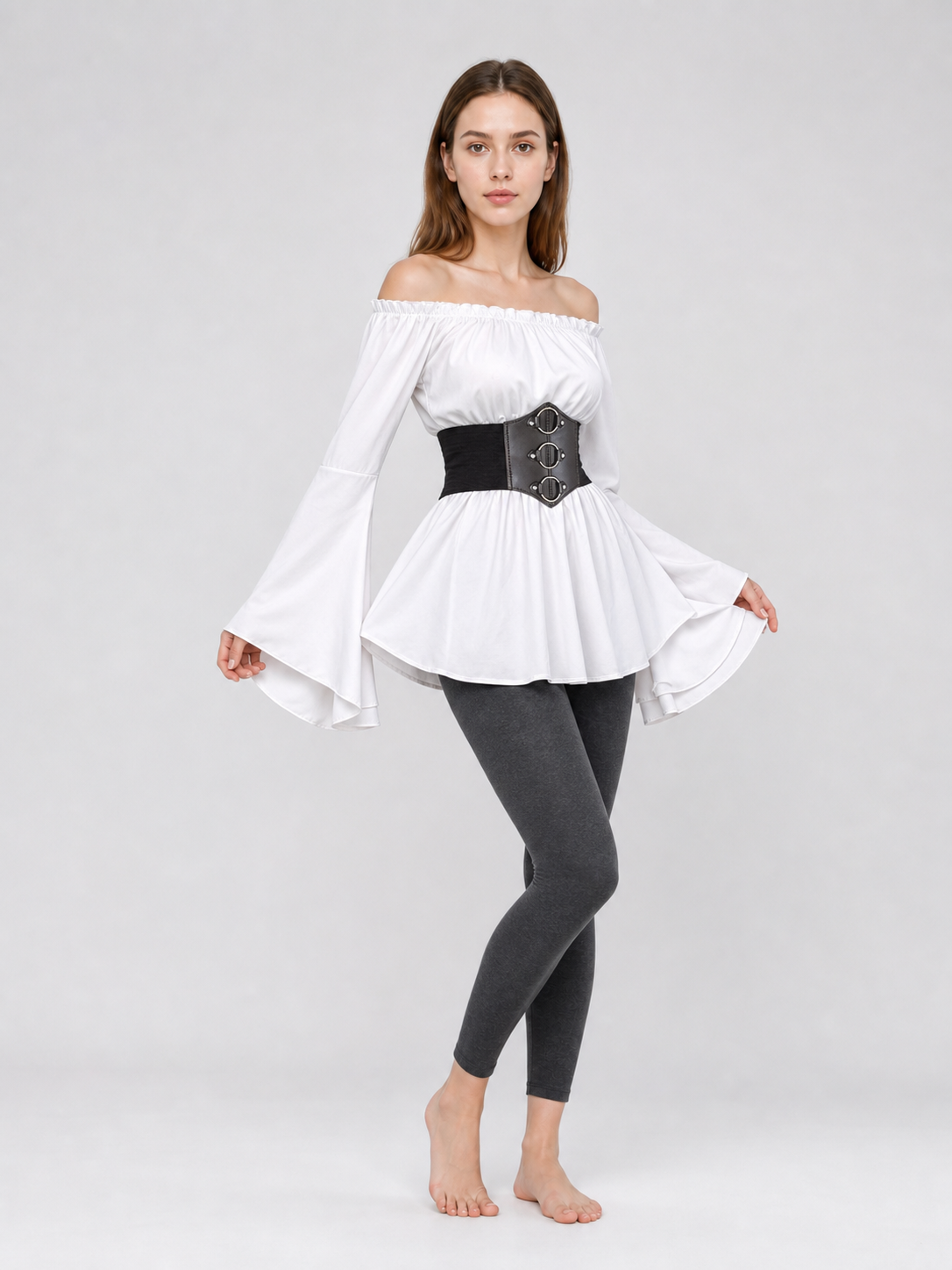 Vintage Off-the-Shoulder Blouse with Corset Belt