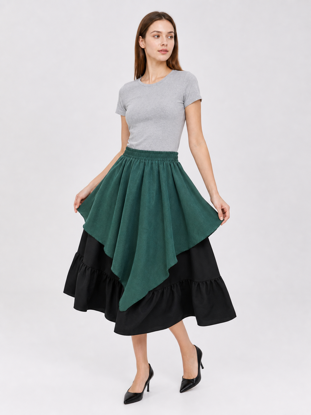 Layered Plaid Skirt with Asymmetrical Draping
