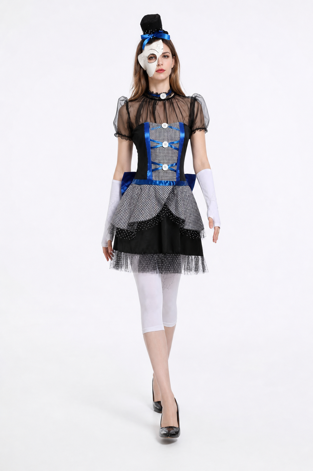 Stage Dress with Black-and-White Check Pattern and Bow Costume Dresses detail