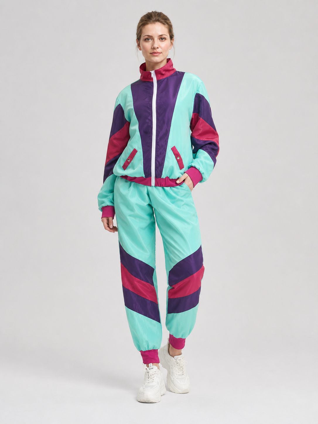 Color-Striped Jumpsuit with Zipper and Stand Collar product detail 2