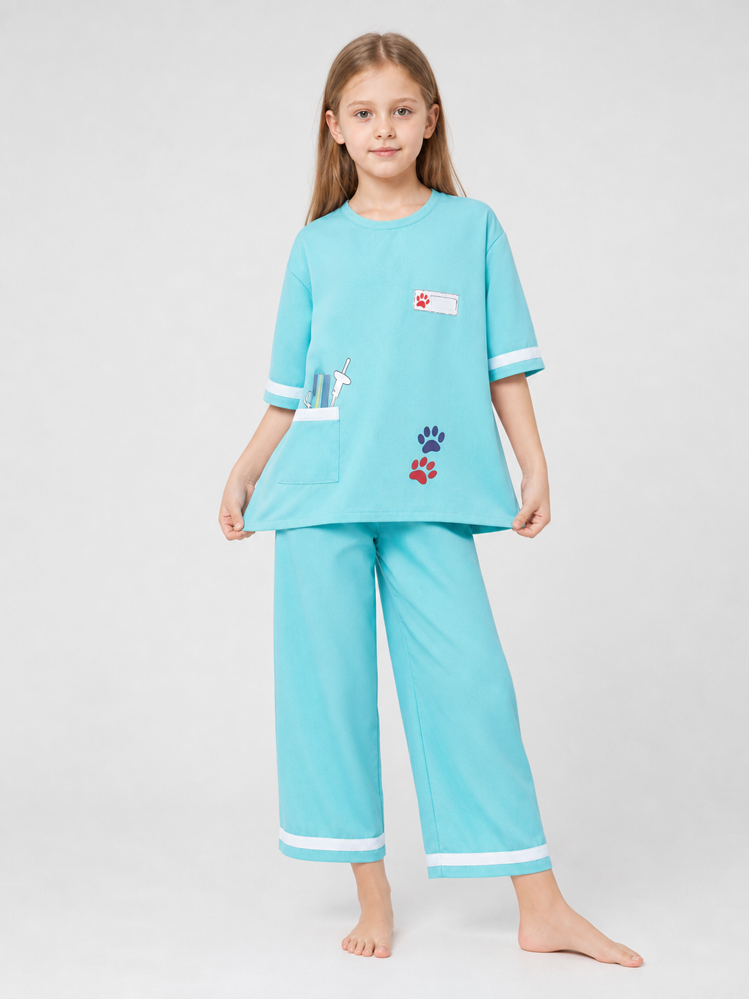 Veterinarian Medical Uniform Role-Play Costume: The set includes a short-sleeve V-neck top with a patch chest pocket and loose-fitting pants with white trim stripes along the bottom edge. The costume is light turquoise with white accents an