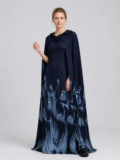 Halloween Hooded Cloak Costume with Ghost Patterns
