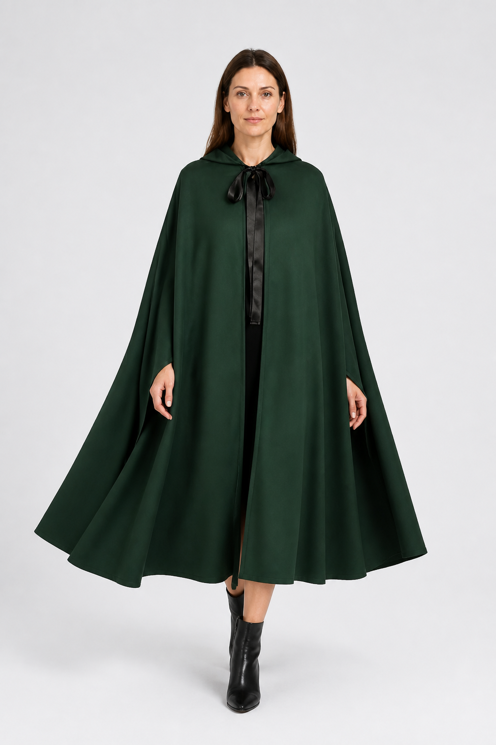Green Medieval Hooded Cloak for Halloween on-model alternate view