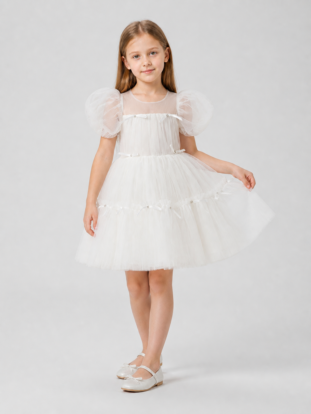 White Princess Dress with a Full Skirt and Bows Costume Dresses detail 2