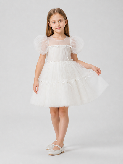 White Princess Dress with a Full Skirt and Bows Costume Dresses detail 2