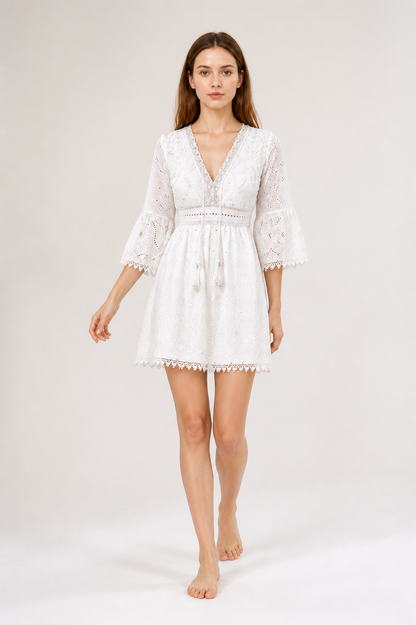 Embroidered Dress with V-Neck and 3/4 Sleeves Costume Dresses detail
