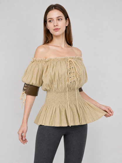 Vintage-Style Peasant Blouse with Lace-Up Front and Lace Trim