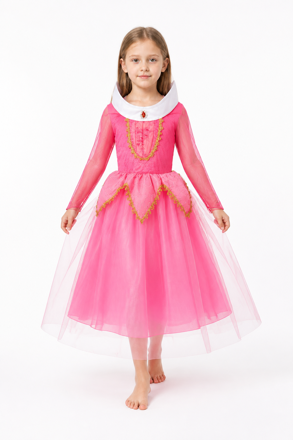 Long, full princess dress with gold trim Costume Dresses detail 2