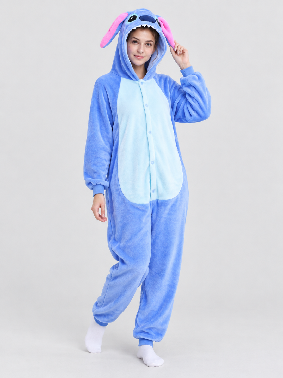 Blue Flannel Hooded Pajama Jumpsuit with Ears
