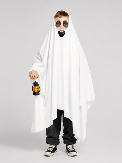 White Ghost Costume with Black Face and Jagged Hem