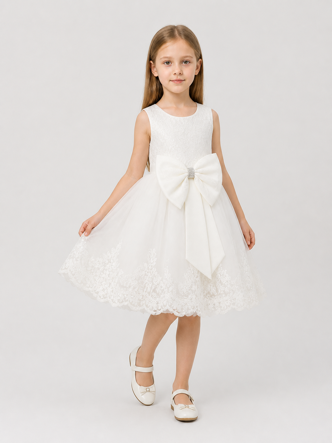 White Lace Princess Dress for Girls with a Bow Costume Dresses detail 2