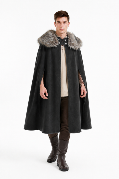 Long Black Button-Front Cloak with Fur Collar Costume Capes detail 2