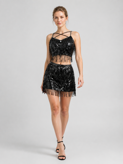 Stage Costume Top and Mini Skirt with Sequins and Fringe Costumes detail 2