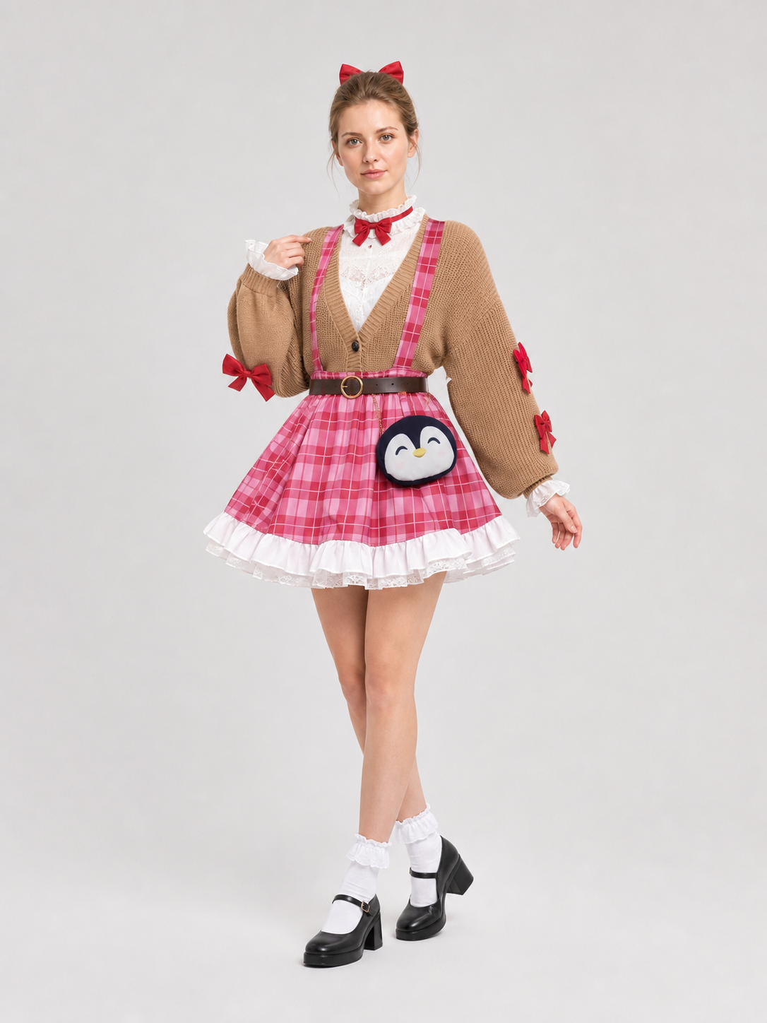 Penguin Cosplay Costume with Plaid Dress and White Ruffles Costume Dresses detail 2