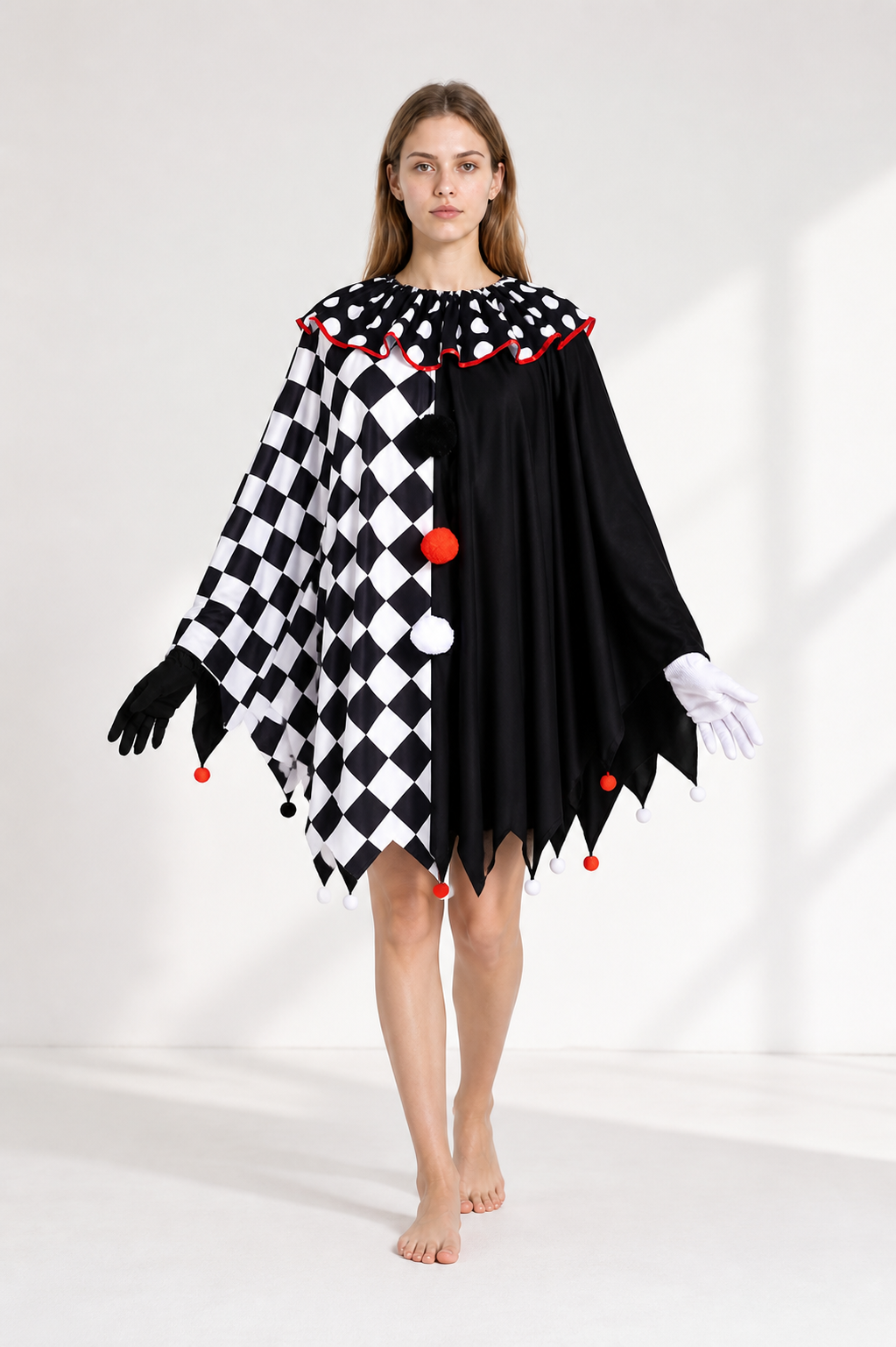 Clown Cape with Gloves, Black and White Checkered Pattern Costume Capes detail 2