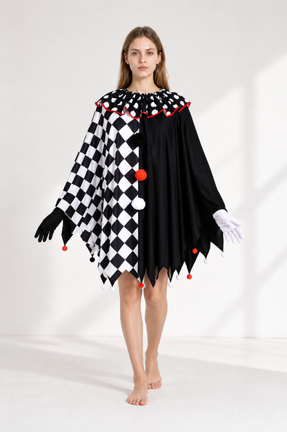 Clown Cape with Gloves, Black and White Checkered Pattern Costume Capes detail 2
