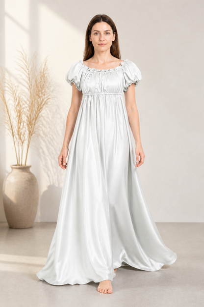 White Long Dress with Train and Puff Sleeves Costume Dresses detail 2