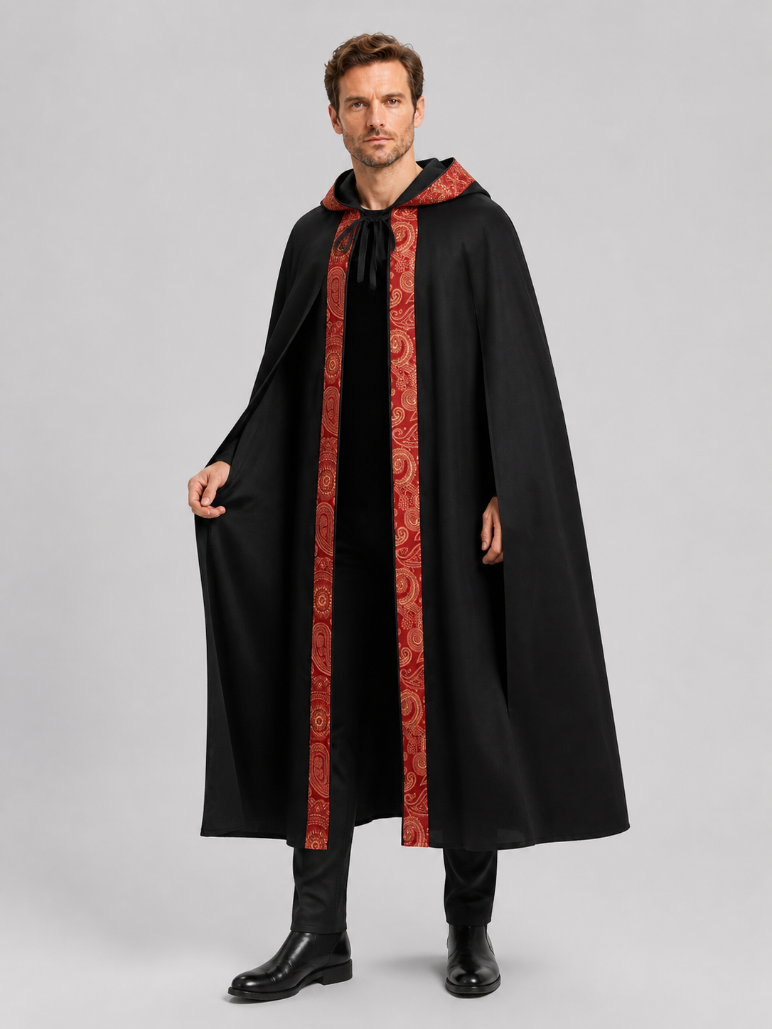 Black Gothic Hooded Cloak with Ornamental Trim Costume Capes detail 2