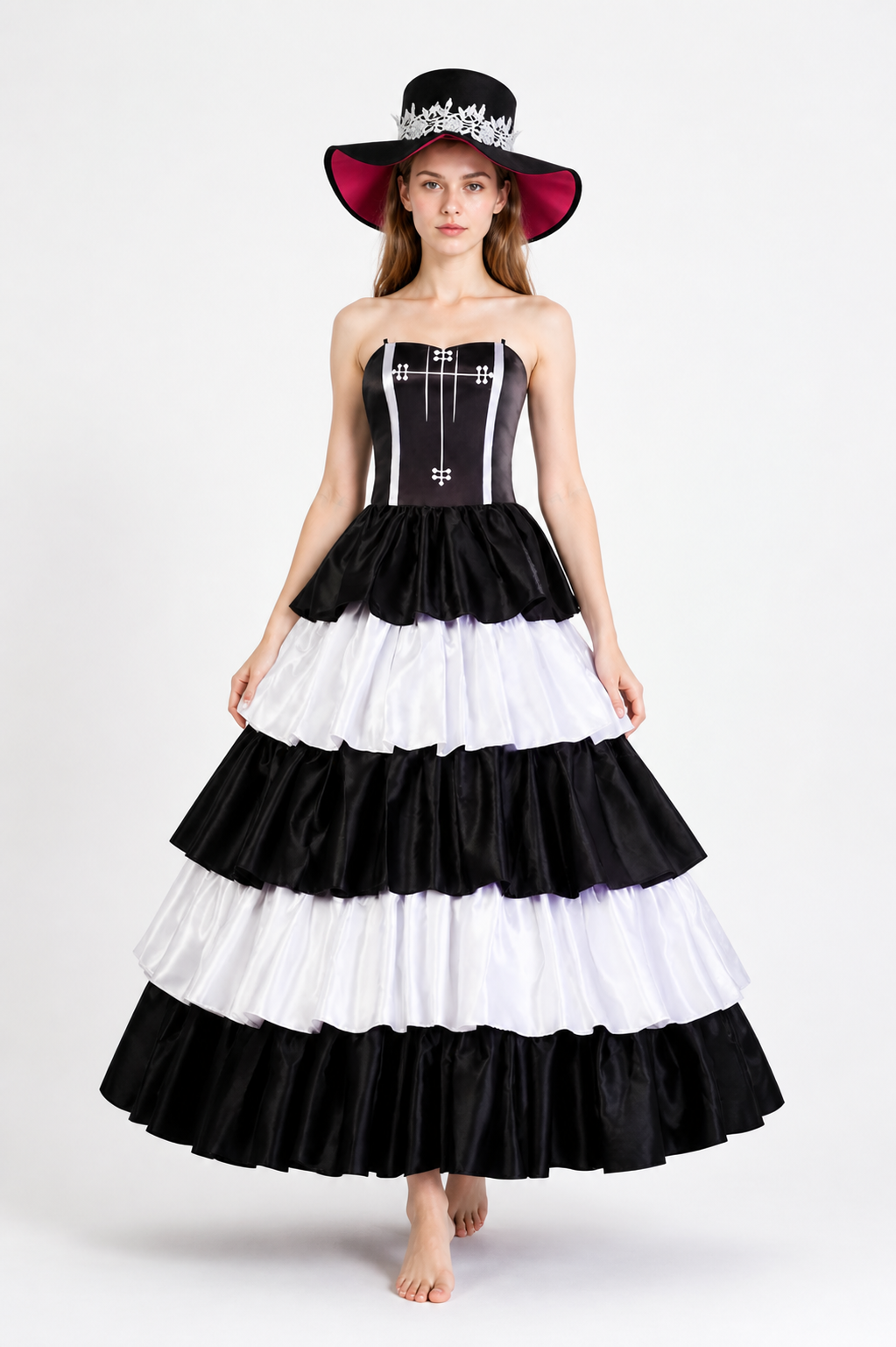 Gothic-Style Dress with Layered Skirt and Hat Costume Dresses detail