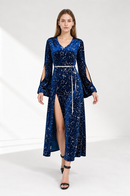 Long Blue Dress with Star and Moon Print, Flared Sleeves Costume Dresses detail 2