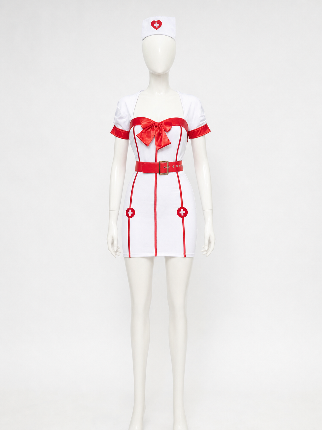 White-and-Red Nurse Costume with Bow and Belt