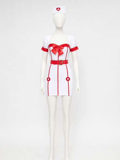 White-and-Red Nurse Costume with Bow and Belt